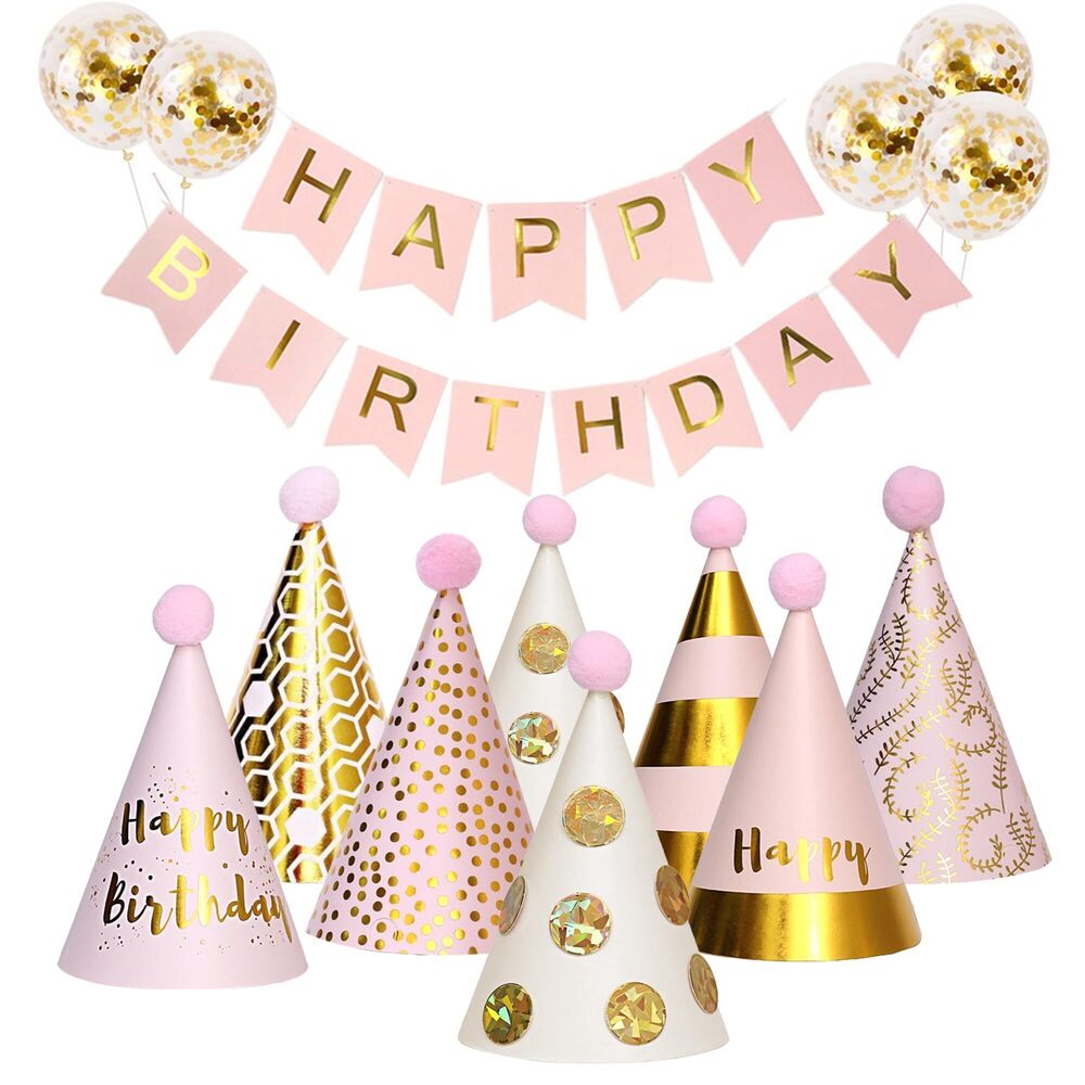 1937 9Pcs Pink & Gold Birthday Party Hat Set with Banner & Balloons